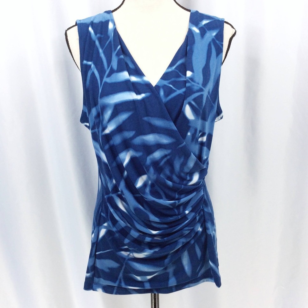 DKNY Faux Wrap Ruched Tank Top Women's Size Large Blue Sleeveless